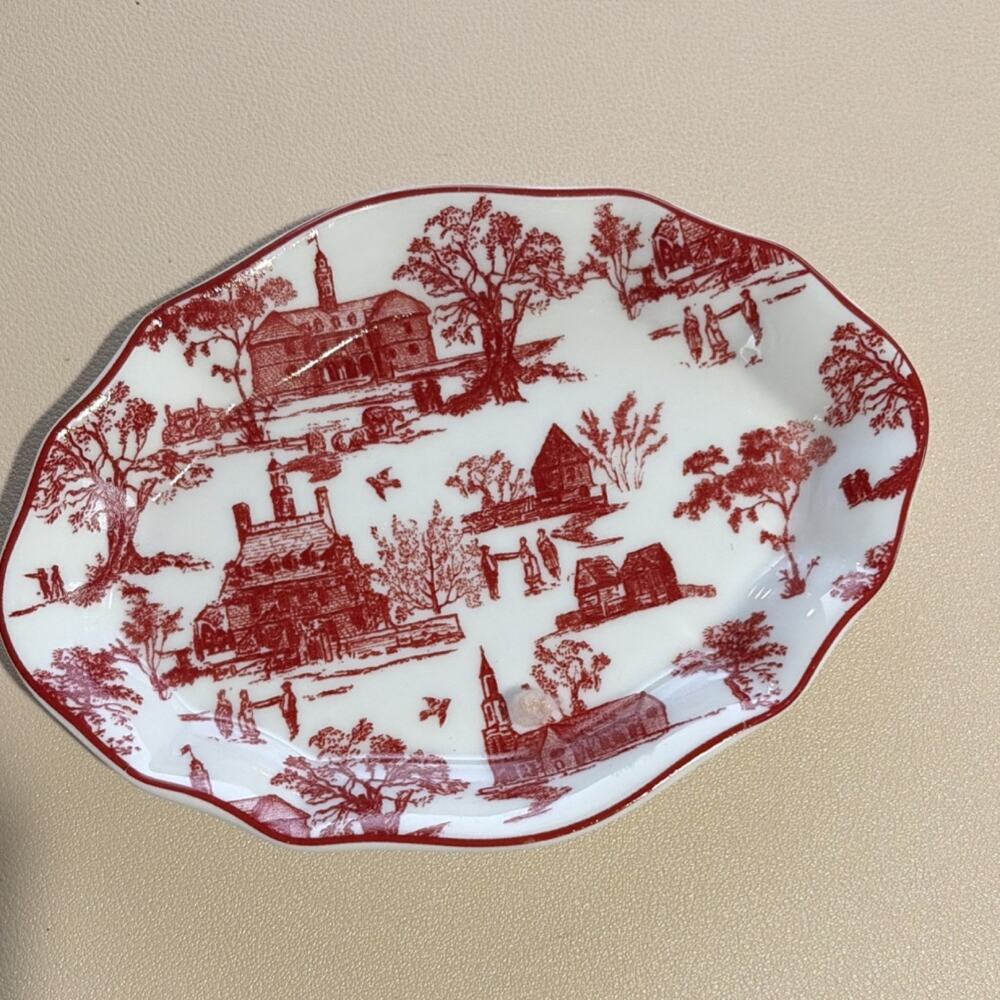 Colonial Williamsburg Townscape Toile Red Scenic Trinket Tray vintage